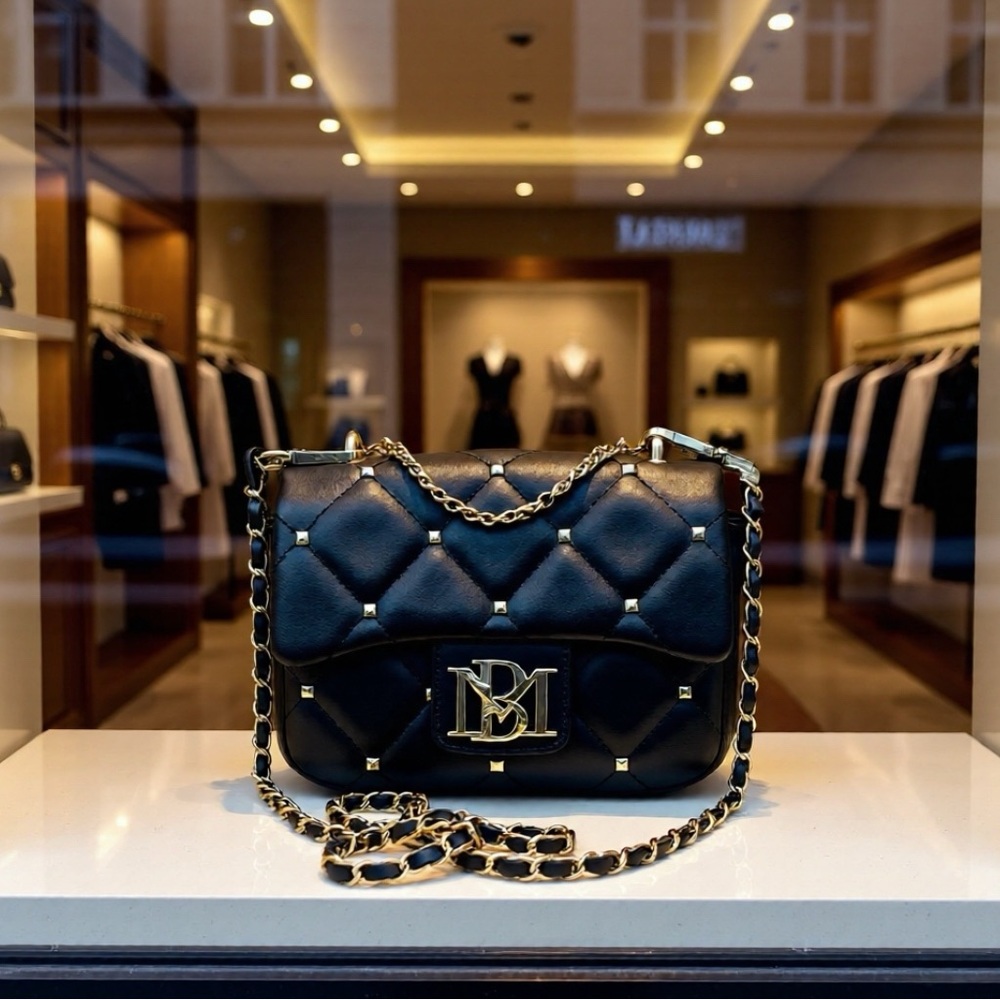 Badgley Mischka Quilted Studded Black Vegan Leather Mini Handbag Crossbody